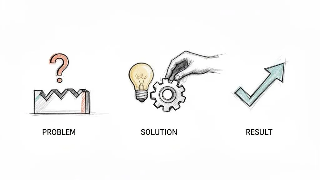 Sketch showing problem, solution with an idea and action, leading to a positive result.