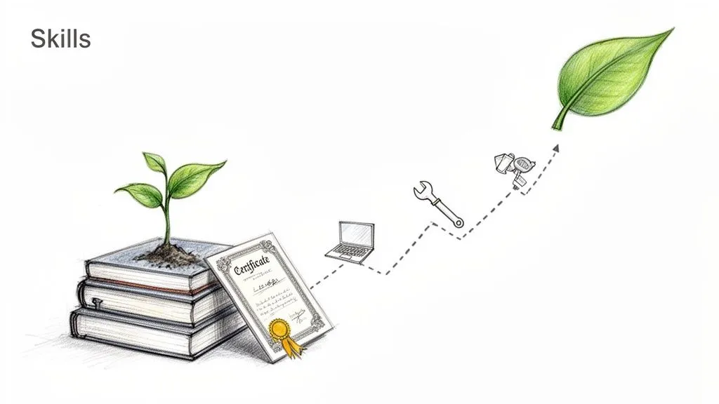 Illustration depicting a seedling growing from books, leading to a certificate, laptop, tools, and a large leaf, symbolizing skills development.