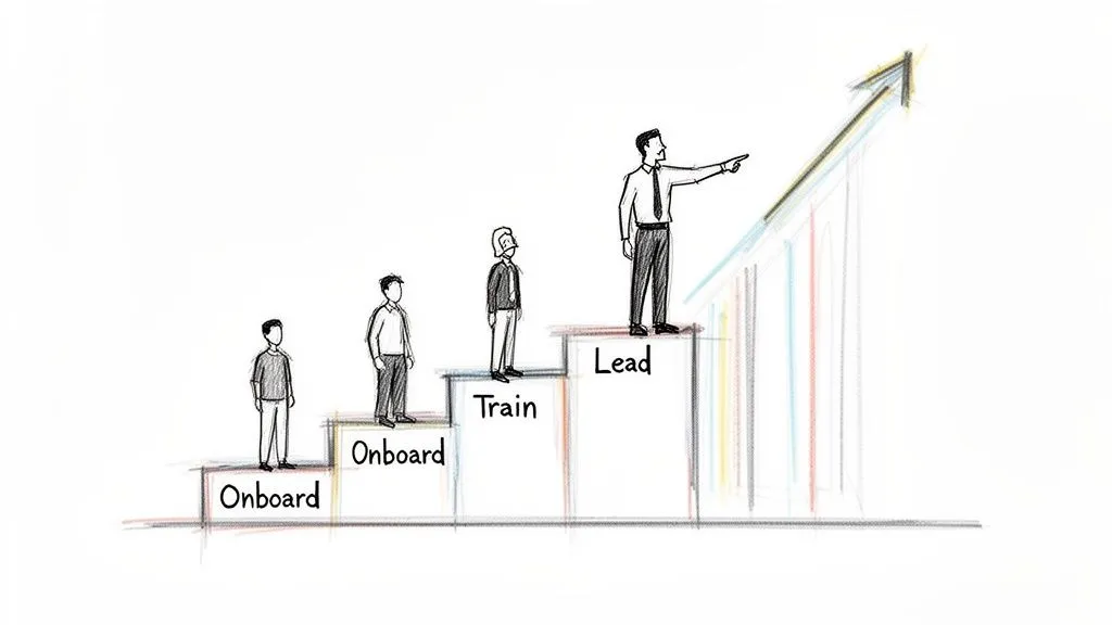 Illustration depicting career progression: new hires onboard, train, and eventually lead towards success.