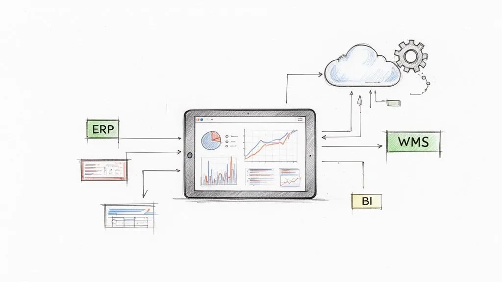 A hand-drawn diagram showing a tablet displaying data analytics connected to ERP, WMS, BI systems, and a cloud.