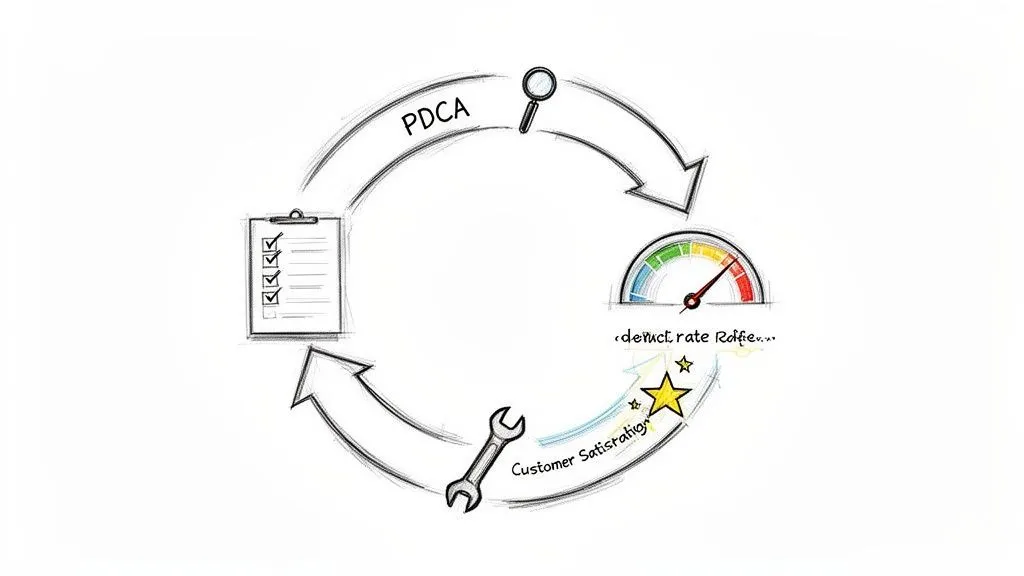 Hand-drawn diagram of the PDCA cycle for continuous improvement, focusing on defect rate and customer satisfaction.