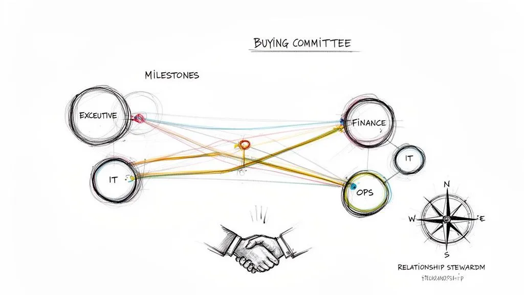 Hand-drawn diagram of a buying committee, connecting executive, finance, IT, and operations roles with milestones.