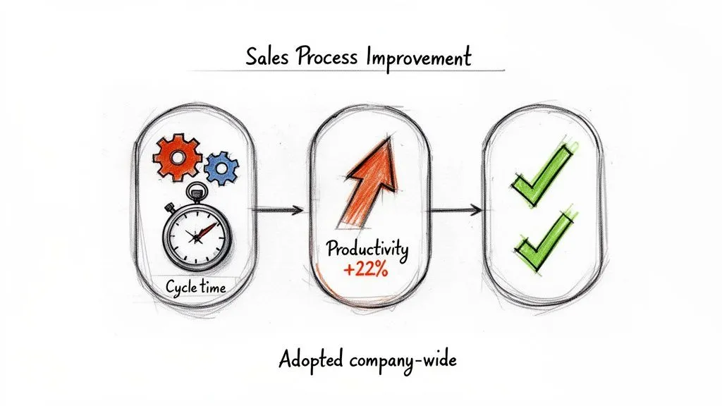 Diagram illustrating sales process improvement, showing cycle time leading to a 22% productivity increase, adopted company-wide.