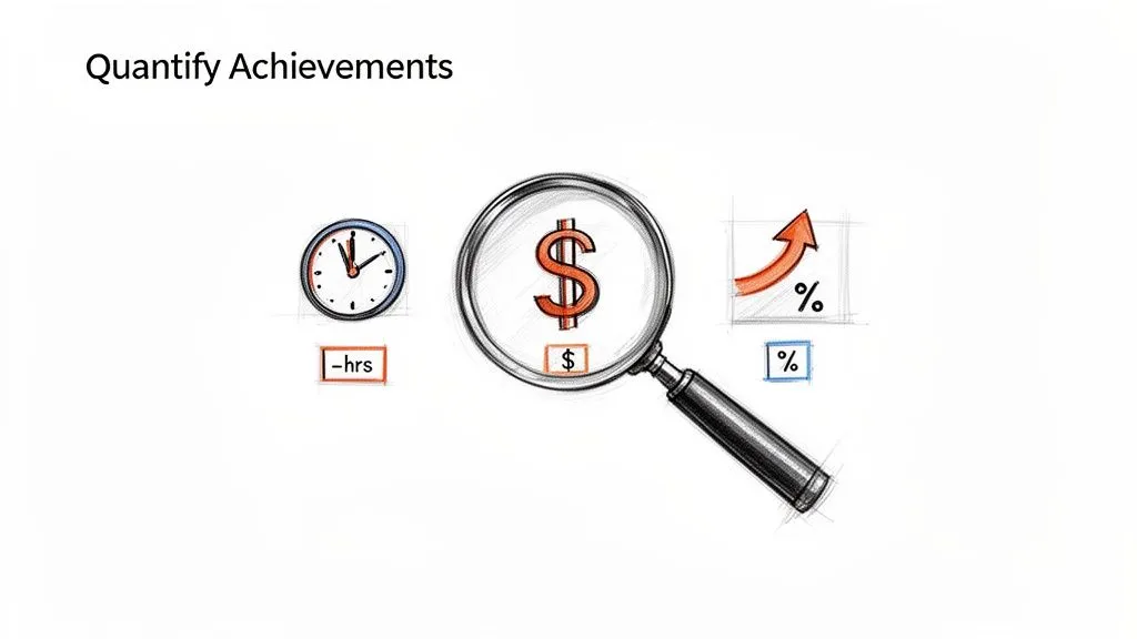 Illustration showing how to quantify achievements by measuring time, money, and percentage improvements.