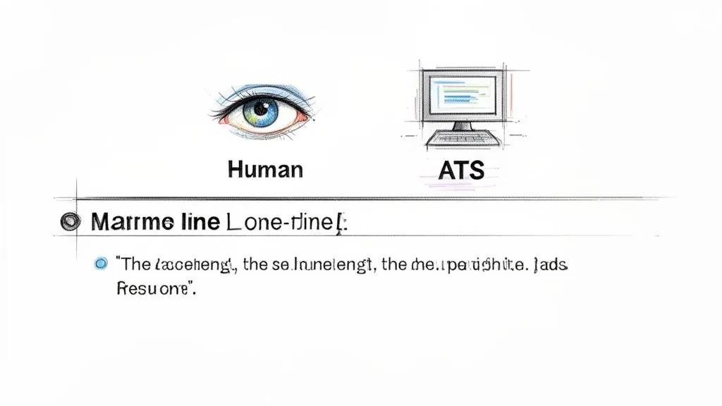 Illustration comparing a human eye and a computer for resume scanning, labeled 'Human' and 'ATS'.