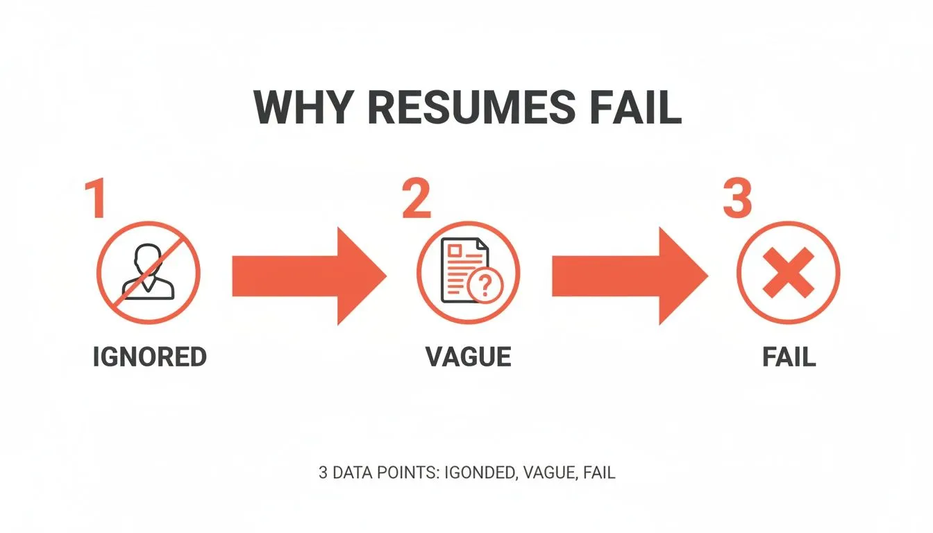 Infographic showing three steps: ignored, vague, and fail, explaining why resumes are unsuccessful.