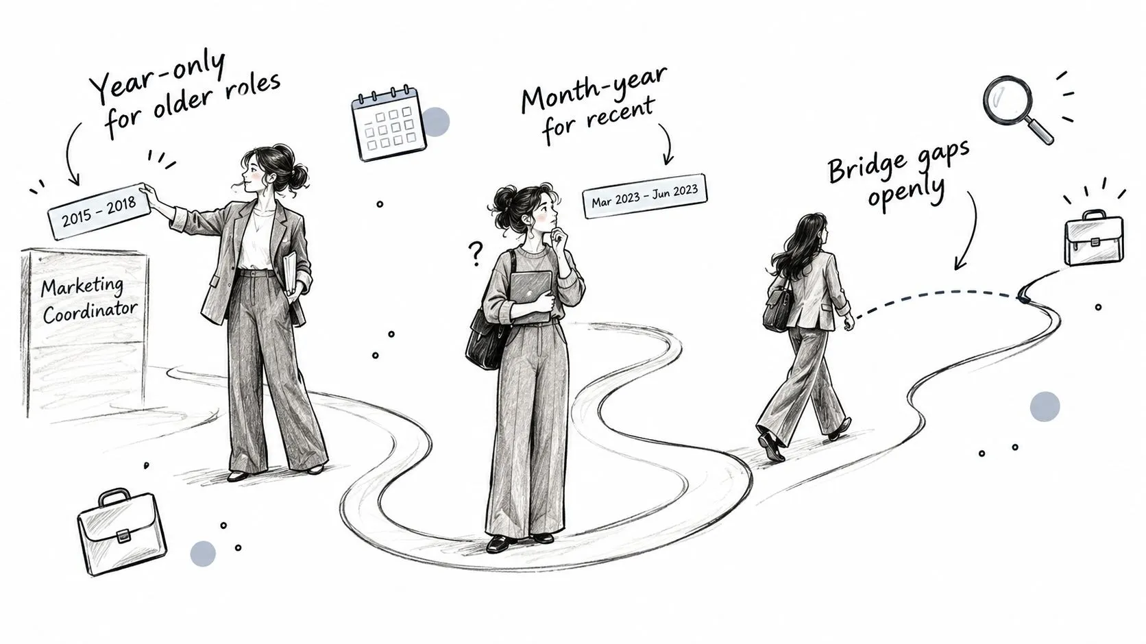 A line drawing illustration showing a woman navigating professional career timeline steps with specific date formatting tips.
