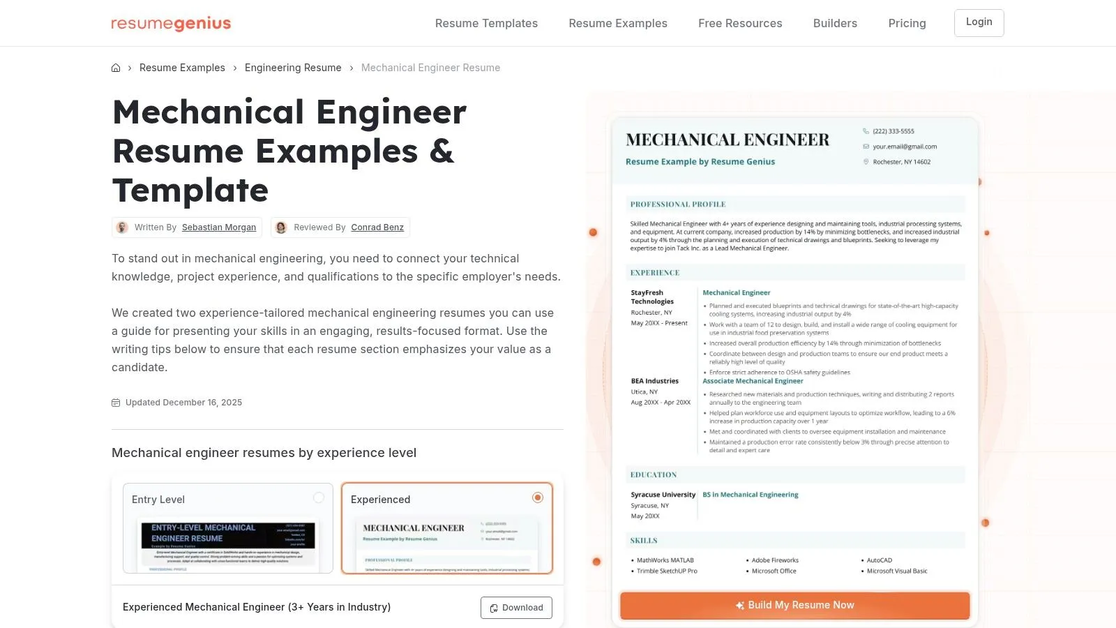 ResumeGenius, Mechanical Engineer Resume: Examples, Template & Tips