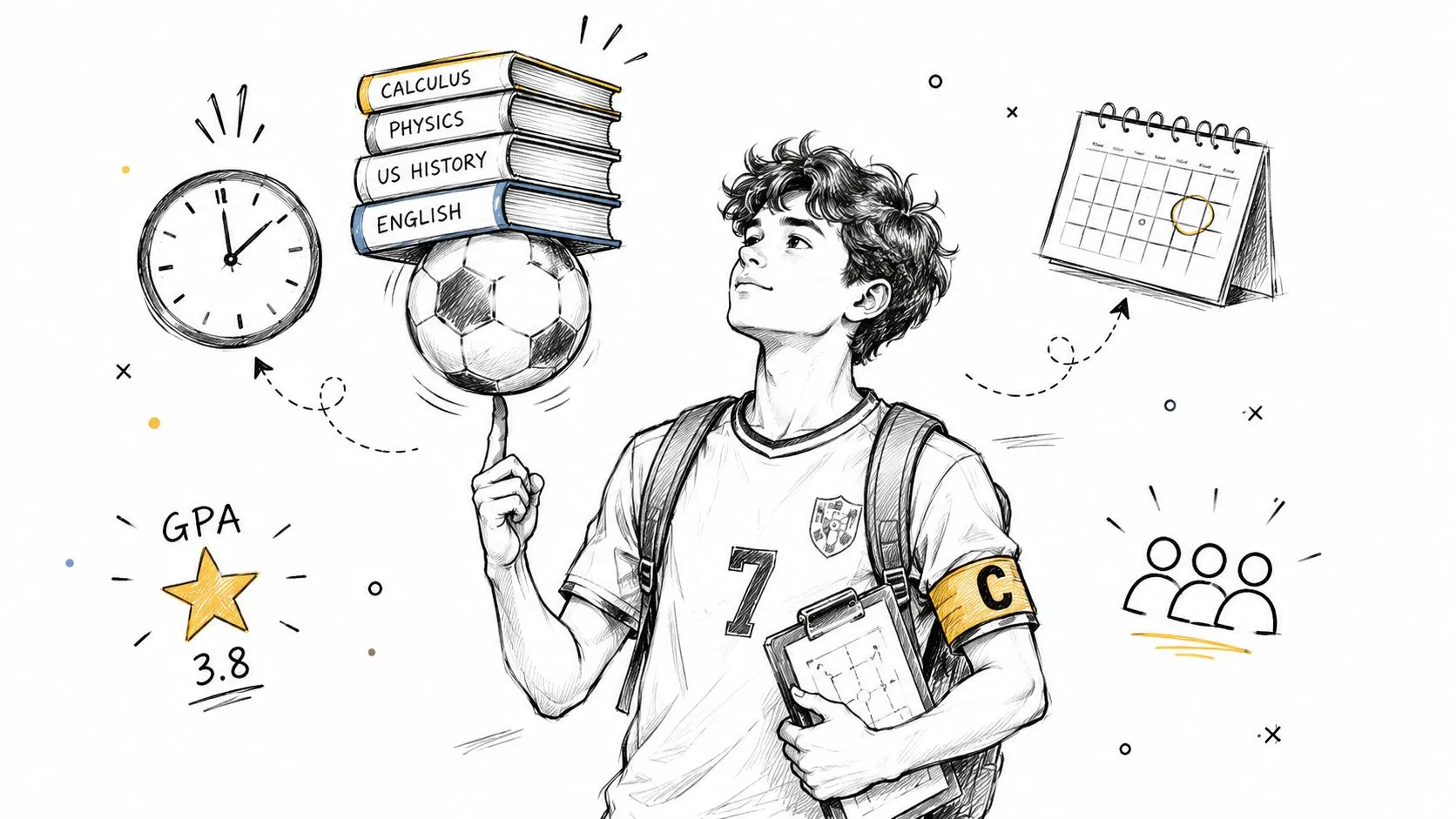 A student athlete balancing books and a soccer ball, representing the balance between academics and sports.