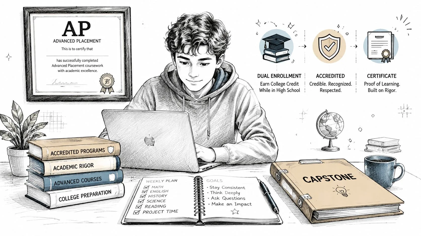 A student focused on a laptop with educational certificates, books, and study goals on a desk.