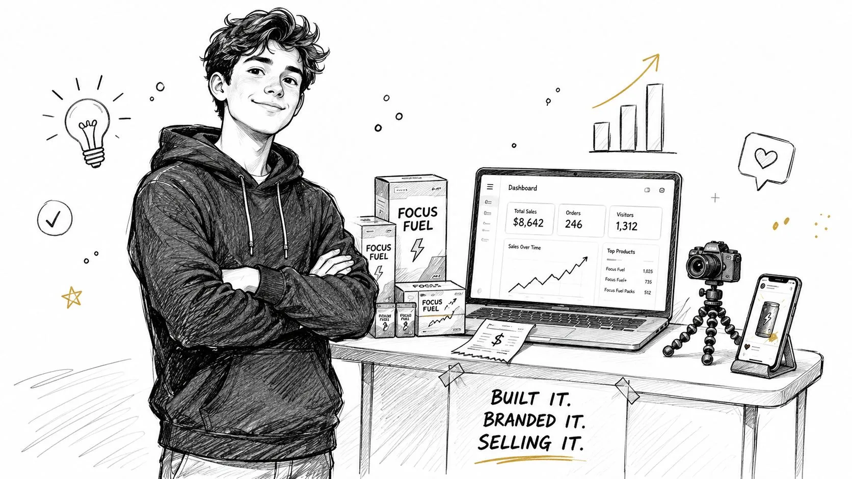 A young entrepreneur standing proudly next to his branded products, laptop dashboard, and photography equipment setup.