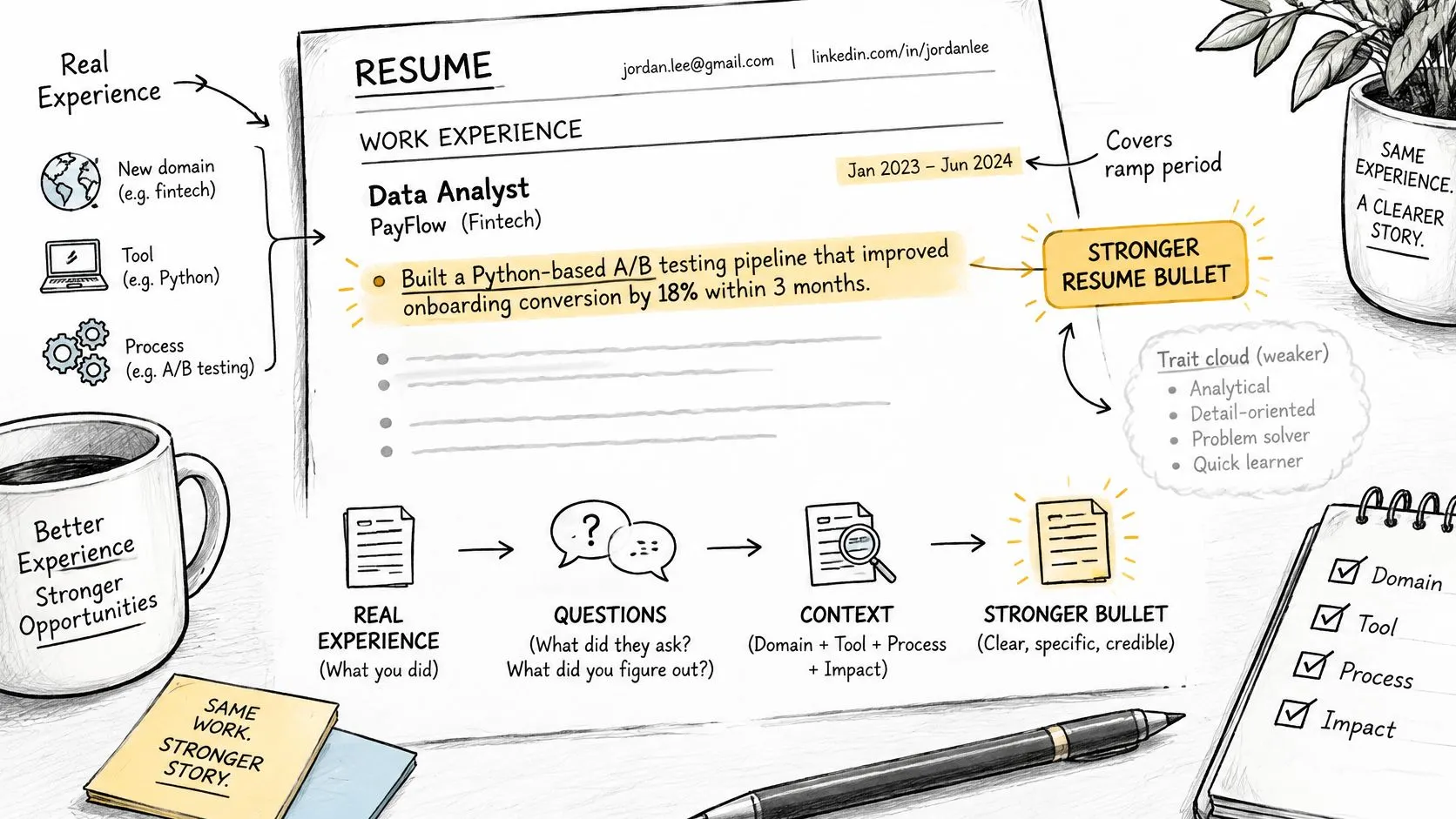 An infographic illustrating how to craft stronger, impactful bullet points for a professional resume.