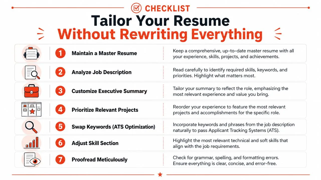 A checklist infographic titled Tailor Your Resume Without Rewriting Everything listing seven steps for customizing job applications.