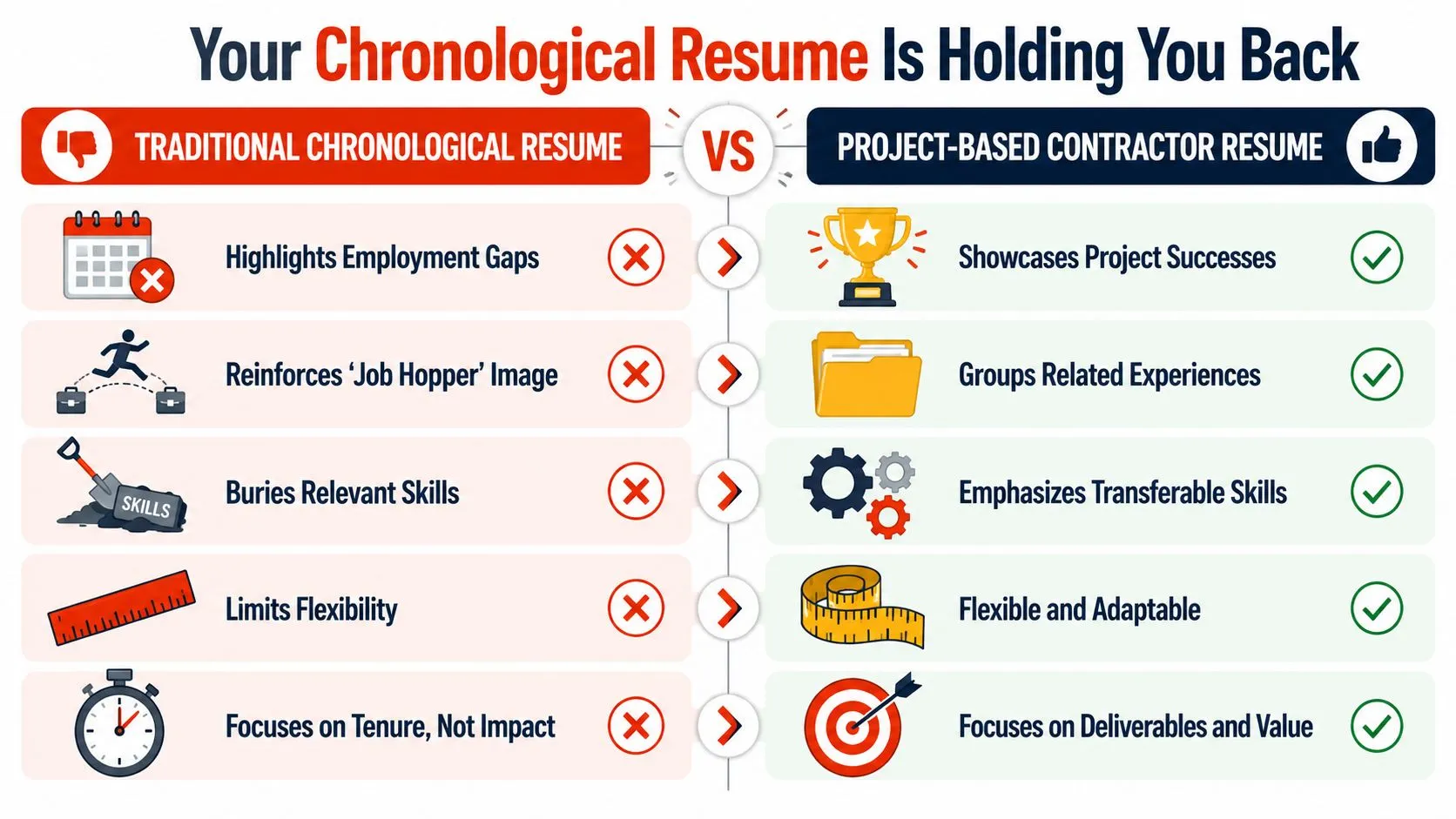A comparison chart showing why project-based contractor resumes are more effective than traditional chronological resumes for careers.