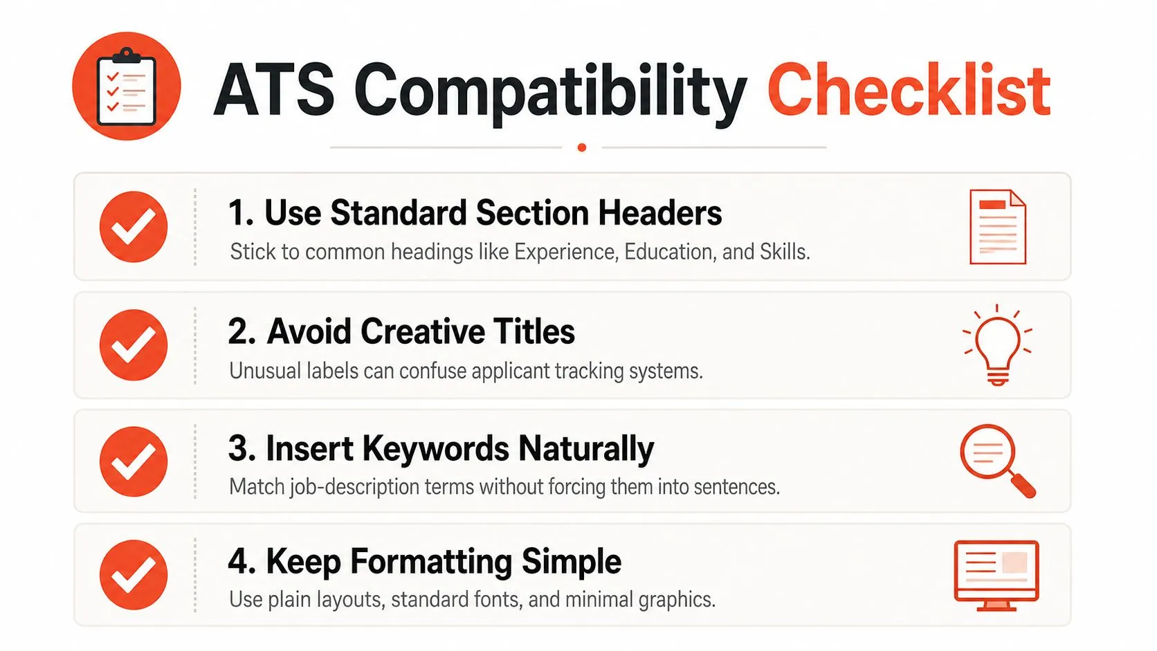An infographic checklist for ATS compatibility tips to optimize a resume for automated tracking systems.