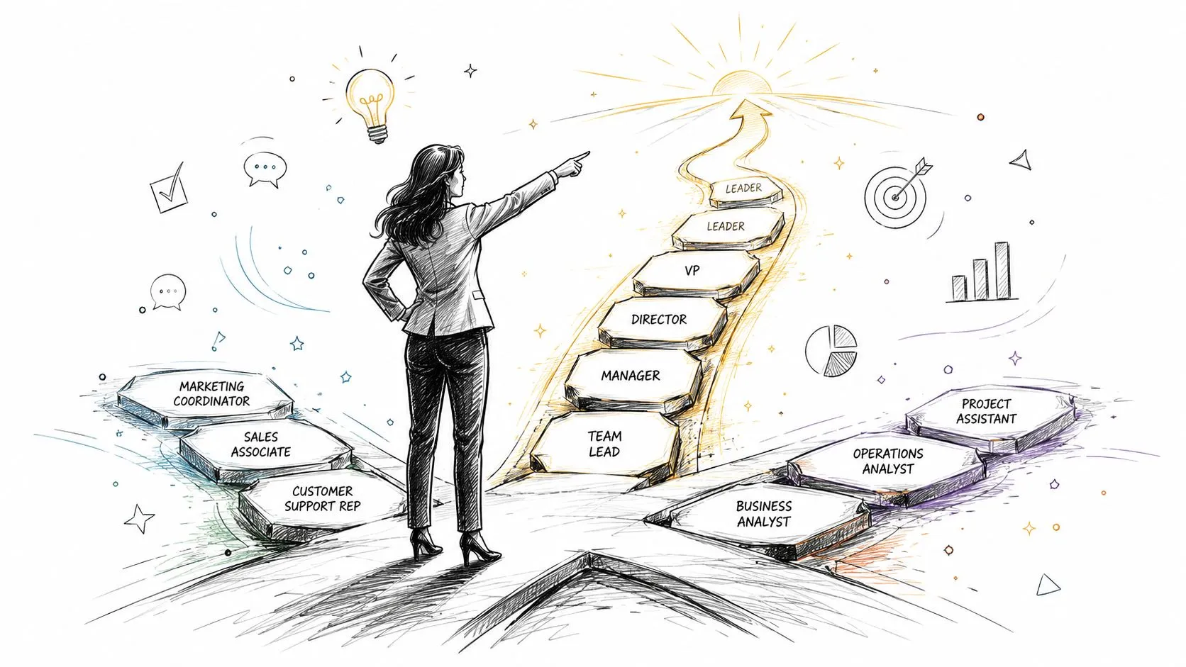 A professional woman standing in front of career path steps showing advancement from entry-level to leadership.