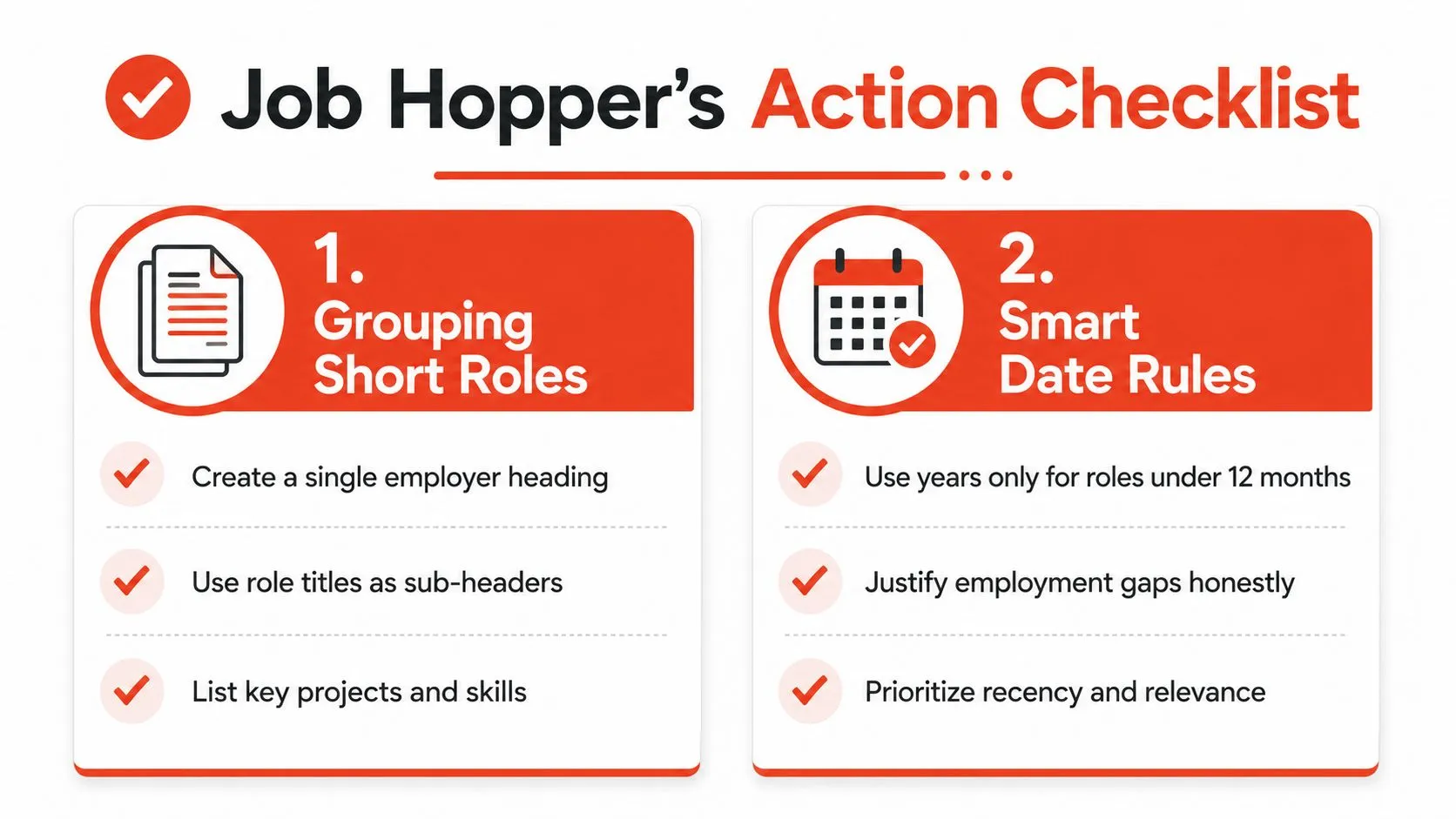 A checklist graphic providing professional tips for job hoppers to organize their resumes effectively.