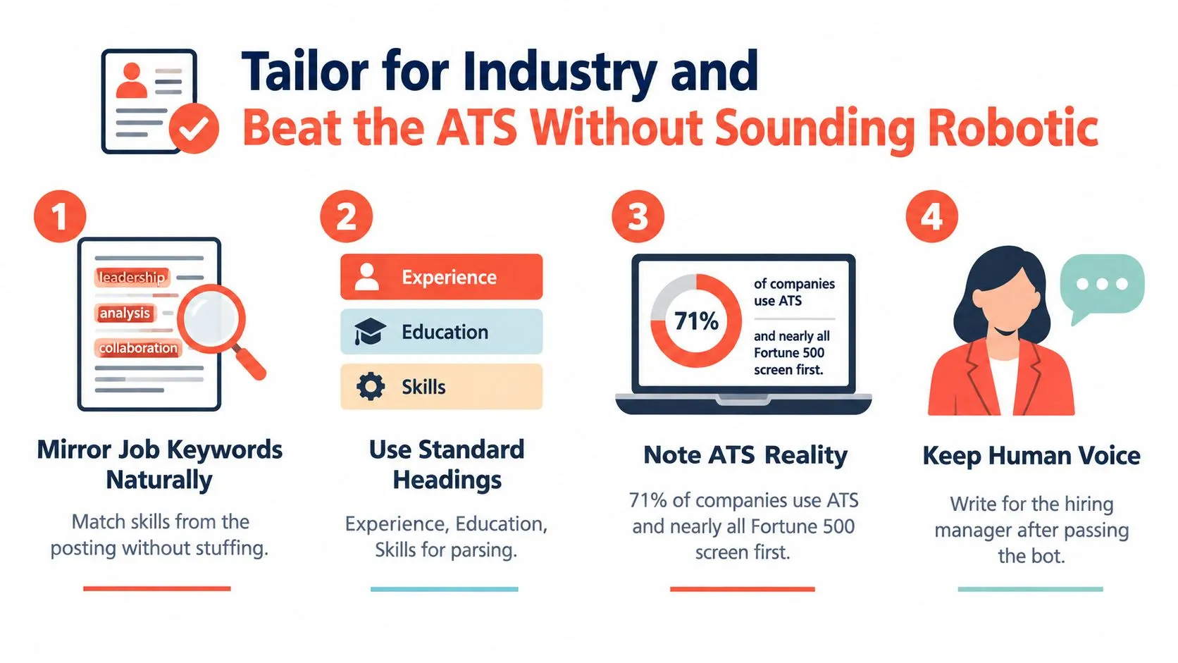 An infographic showing four steps to tailor resumes for ATS systems while maintaining a human voice.