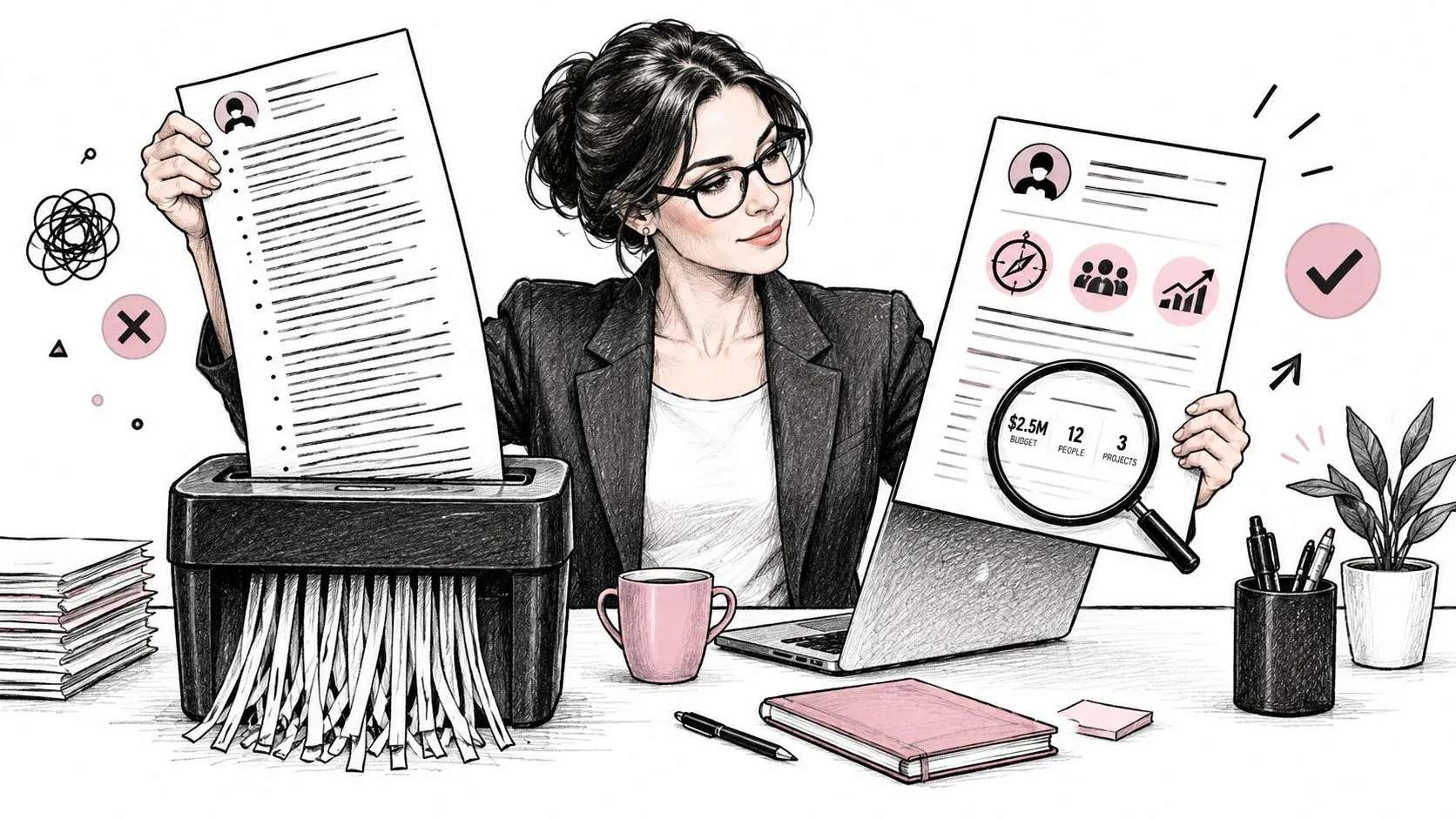 A professional woman choosing between a long paper resume and a streamlined, data-driven report.
