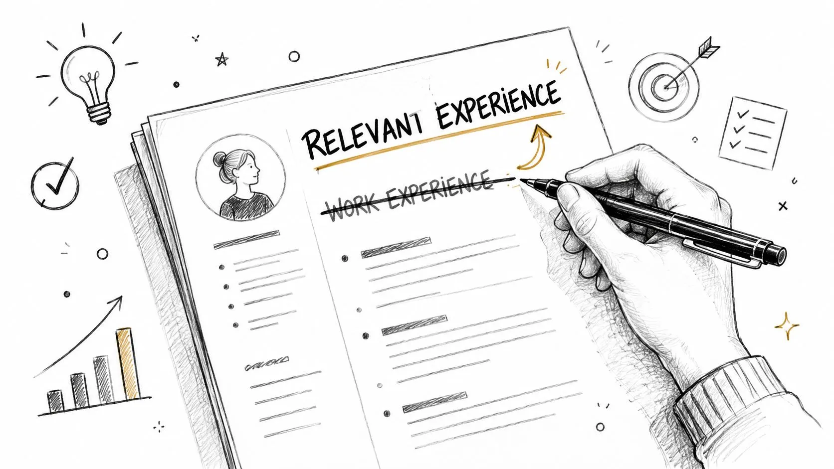 A hand editing a resume by changing the heading from Work Experience to Relevant Experience.