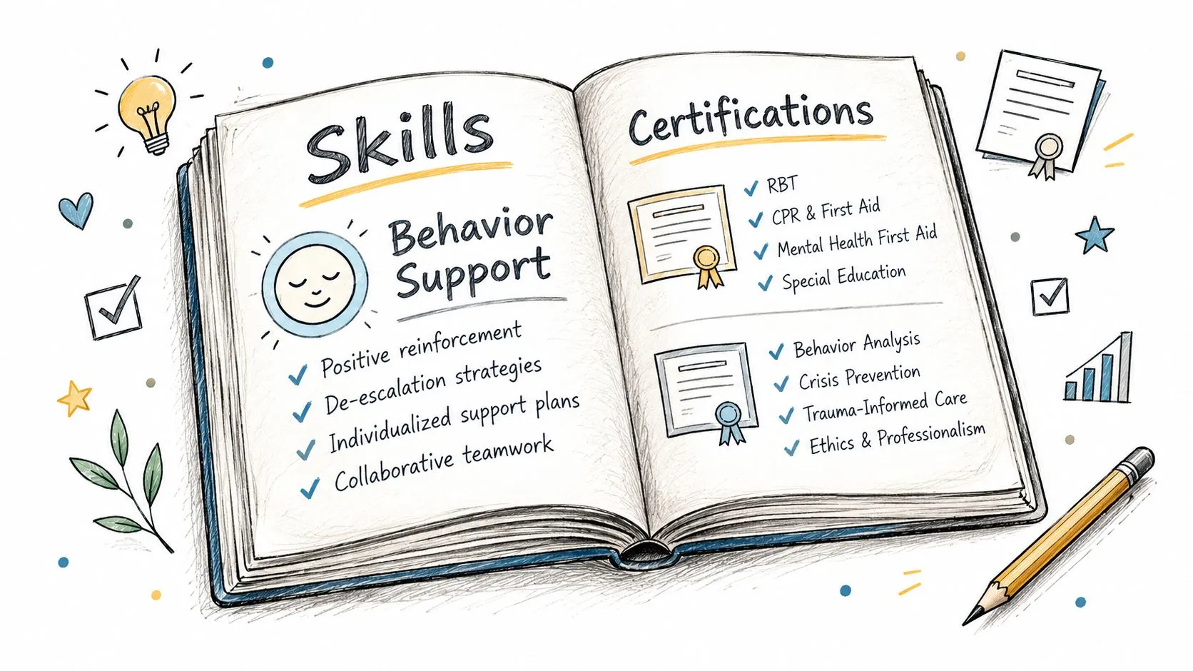 An open book illustration displaying professional skills and certifications for a behavioral support teacher or paraprofessional.