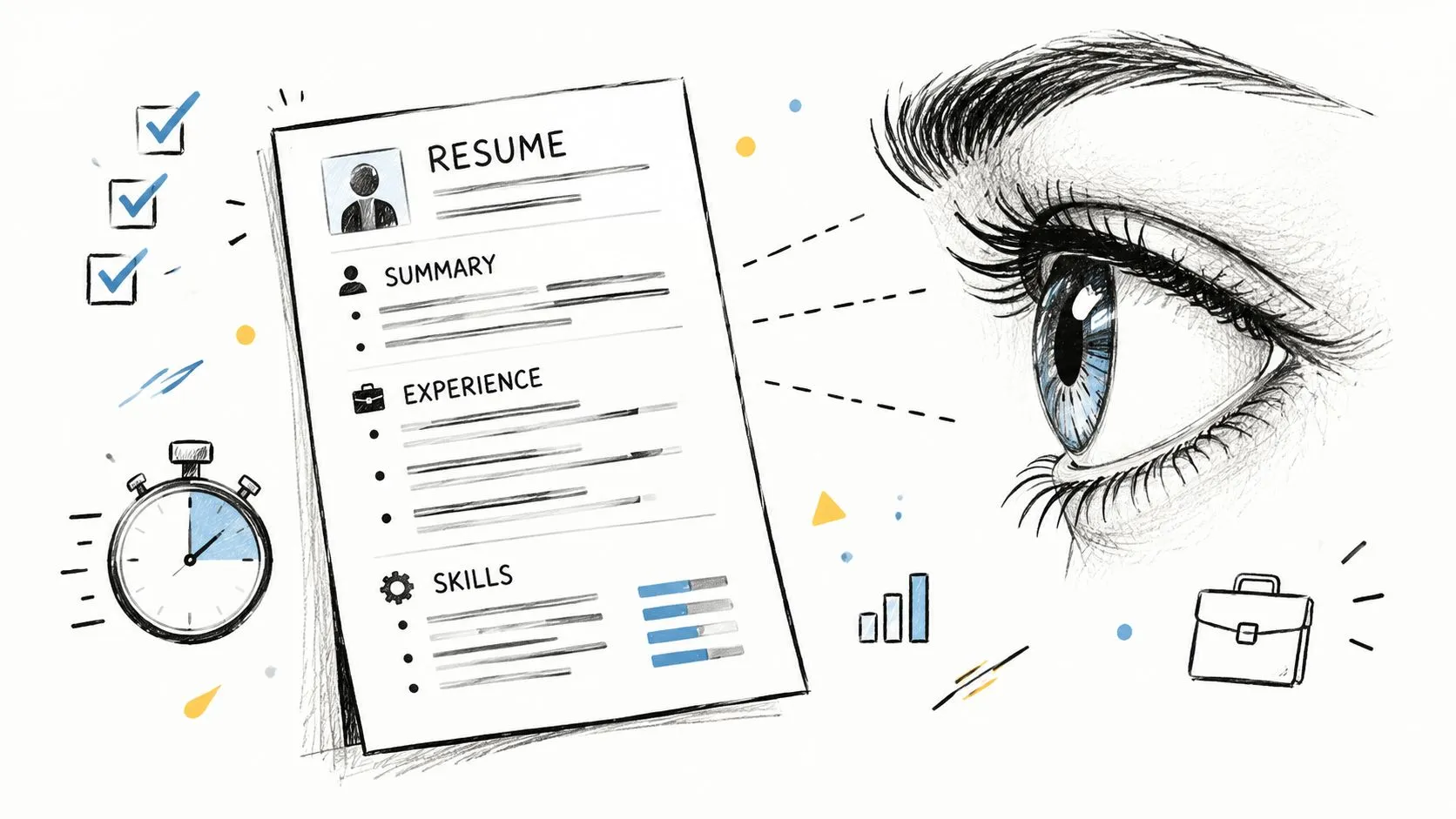 A professional resume document being closely inspected by a human eye with recruitment icons nearby.