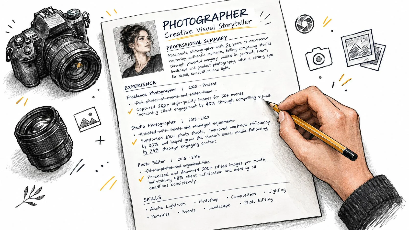 A hand drawing a resume for a professional photographer with camera illustrations and creative details.