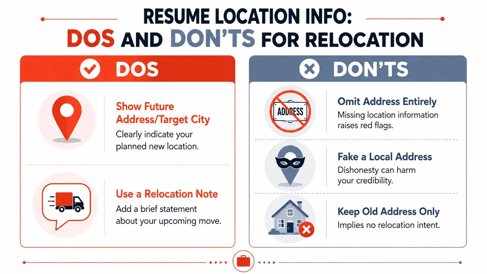 An infographic titled Resume Location Info showing dos and don'ts for including relocation details on your resume.