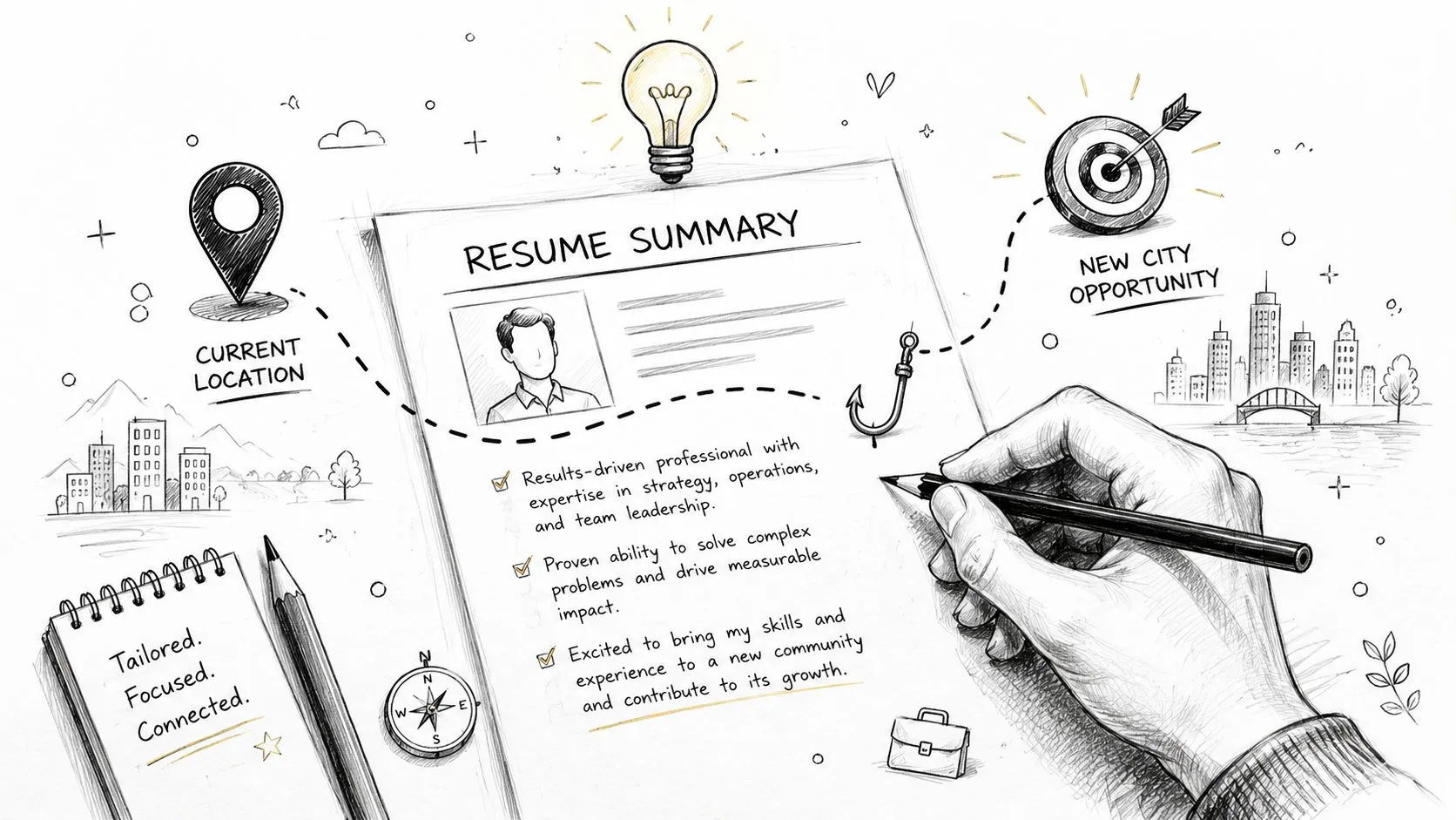 A hand writes a resume summary, illustrating a strategic move from current location to new city opportunities.