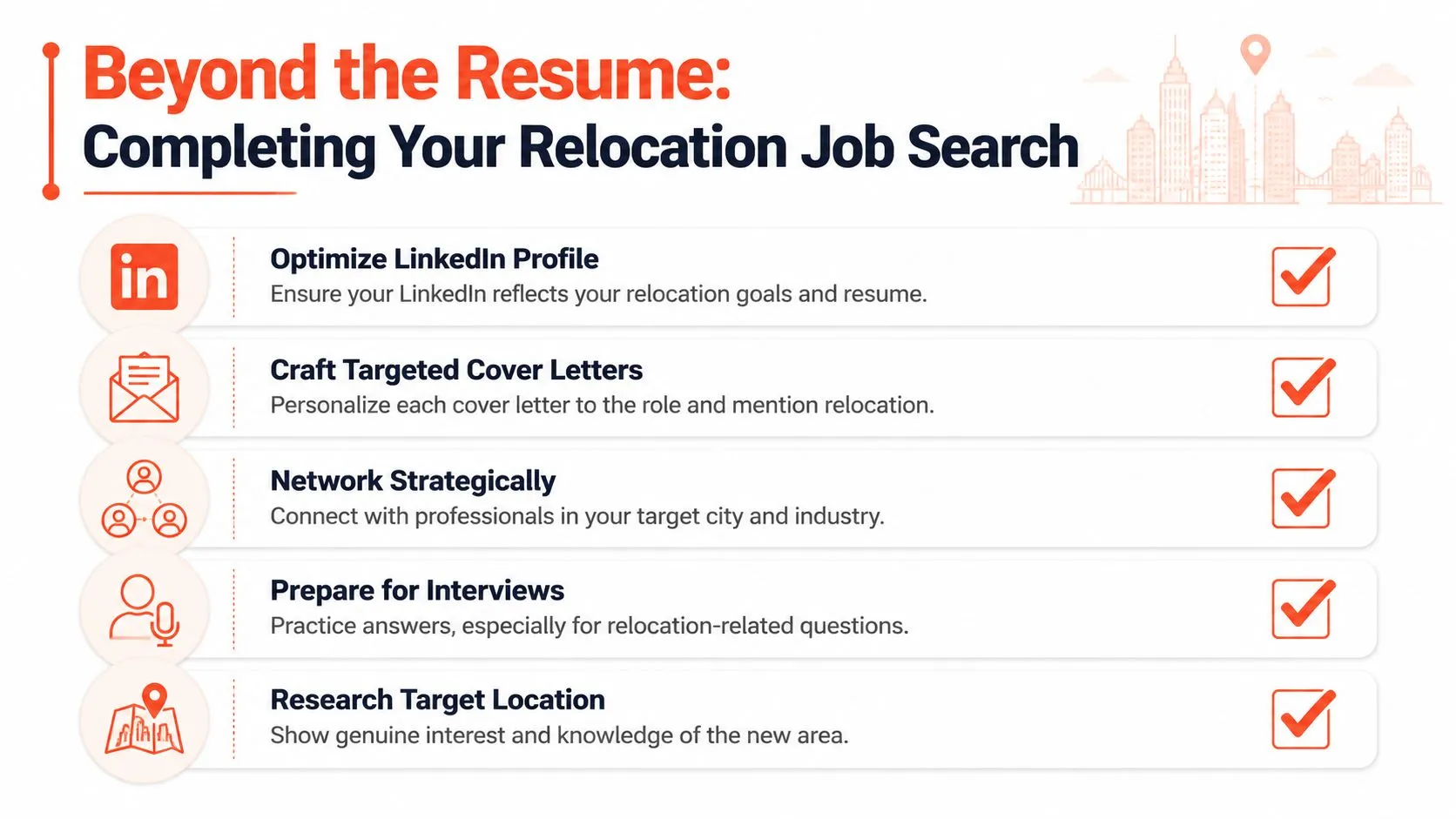 A checklist for job seekers planning to relocate, highlighting key steps like networking and resume optimization.