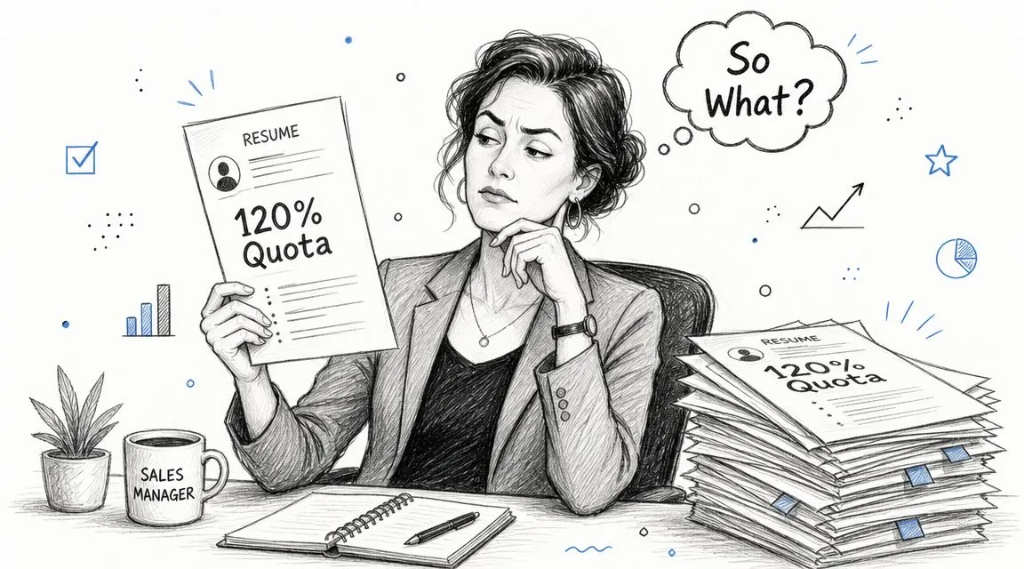 A skeptical sales manager looks at a stack of resumes showing 120% quota achievements.