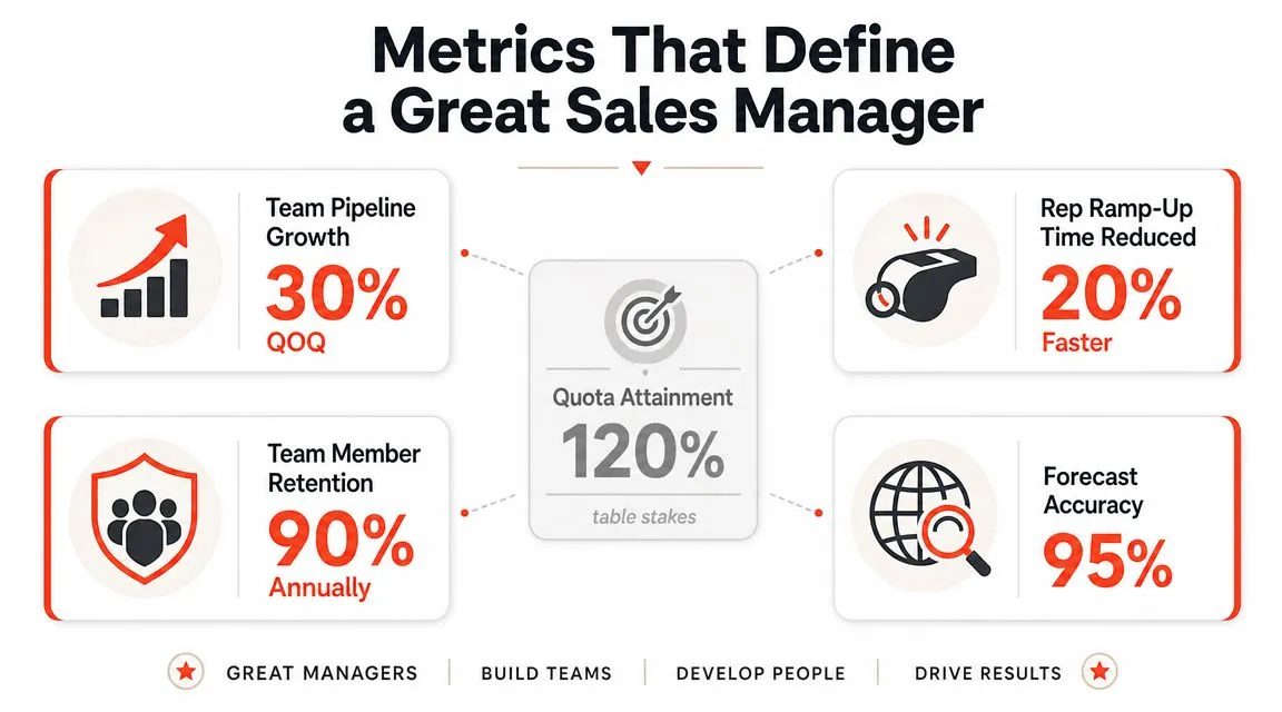 An infographic titled Metrics That Define a Great Sales Manager highlighting key performance indicators for leadership.