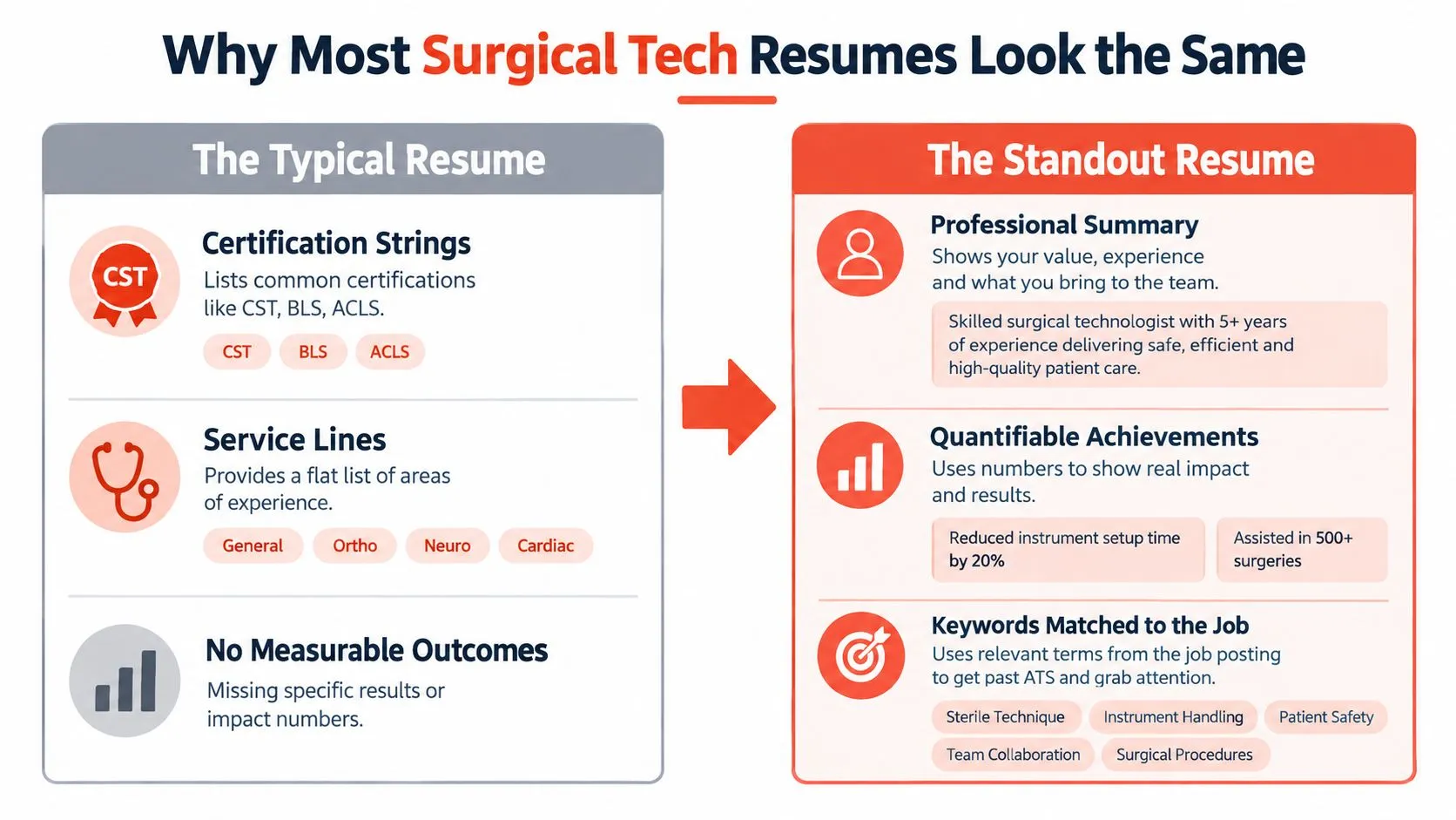 A comparison infographic showing the difference between typical and standout resumes for surgical technologists.