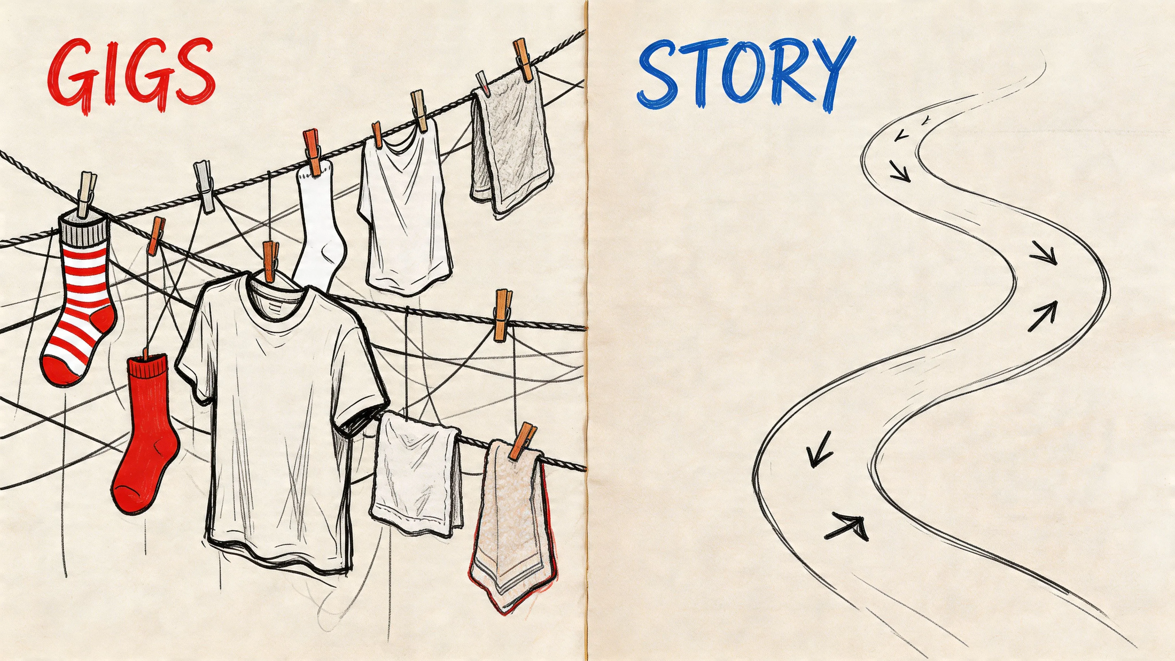 An artistic comparison sketch showing a cluttered clothesline for gigs versus a simple path for story.