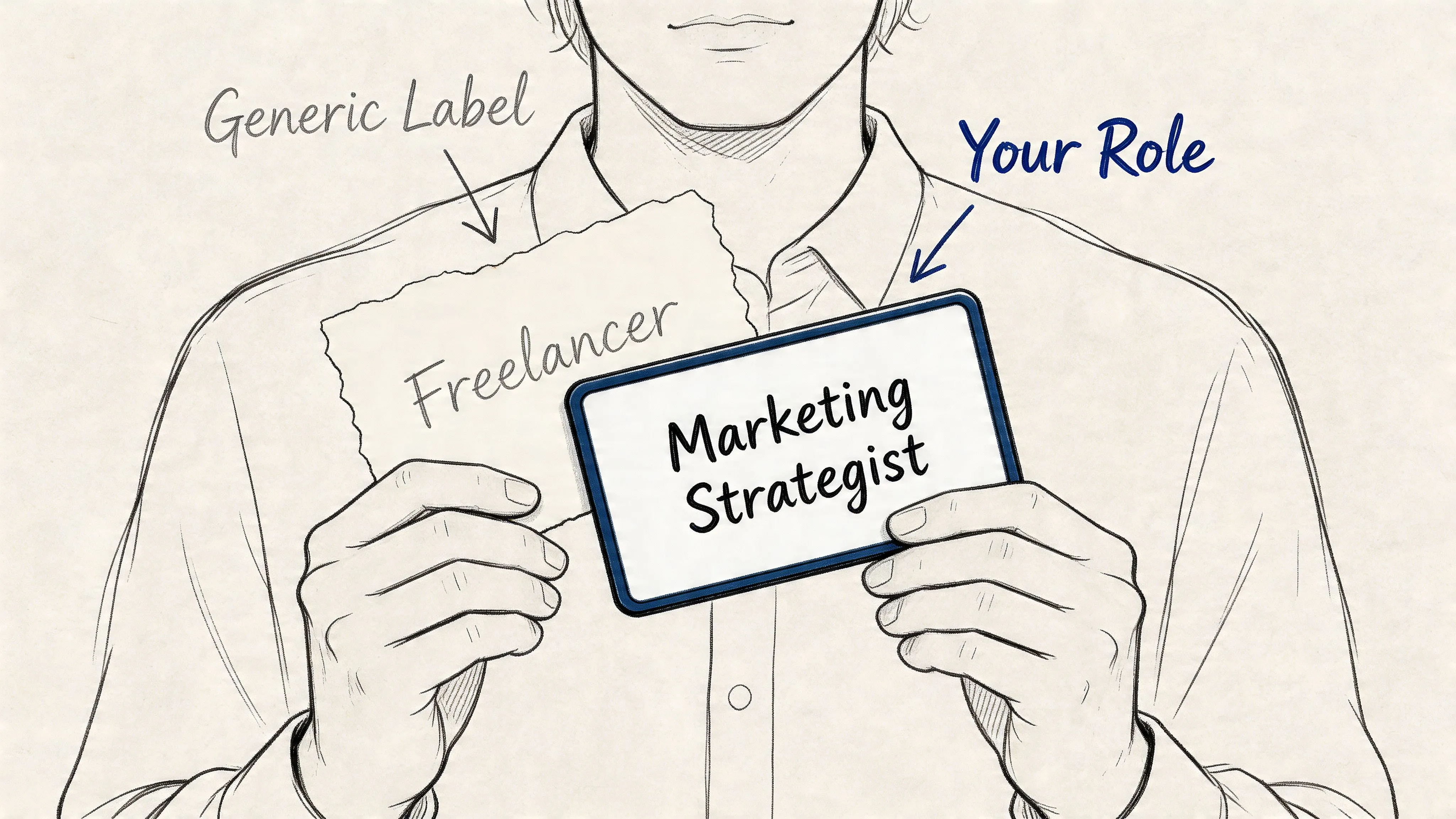 A person holds two cards, comparing a generic freelancer label with a specific marketing strategist job title.