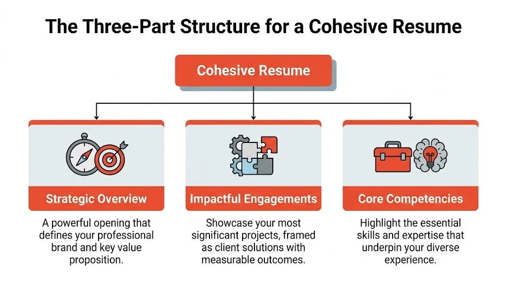 A diagram illustrating the three essential parts of a cohesive resume for professional success.