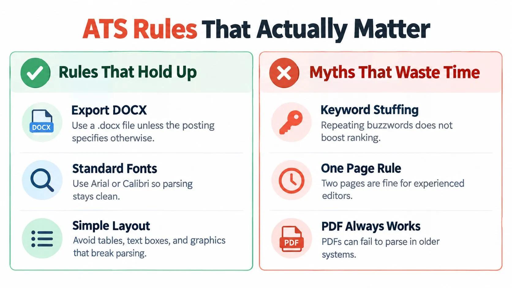 A visual guide comparing ATS resume rules that actually matter versus common myths that waste time.