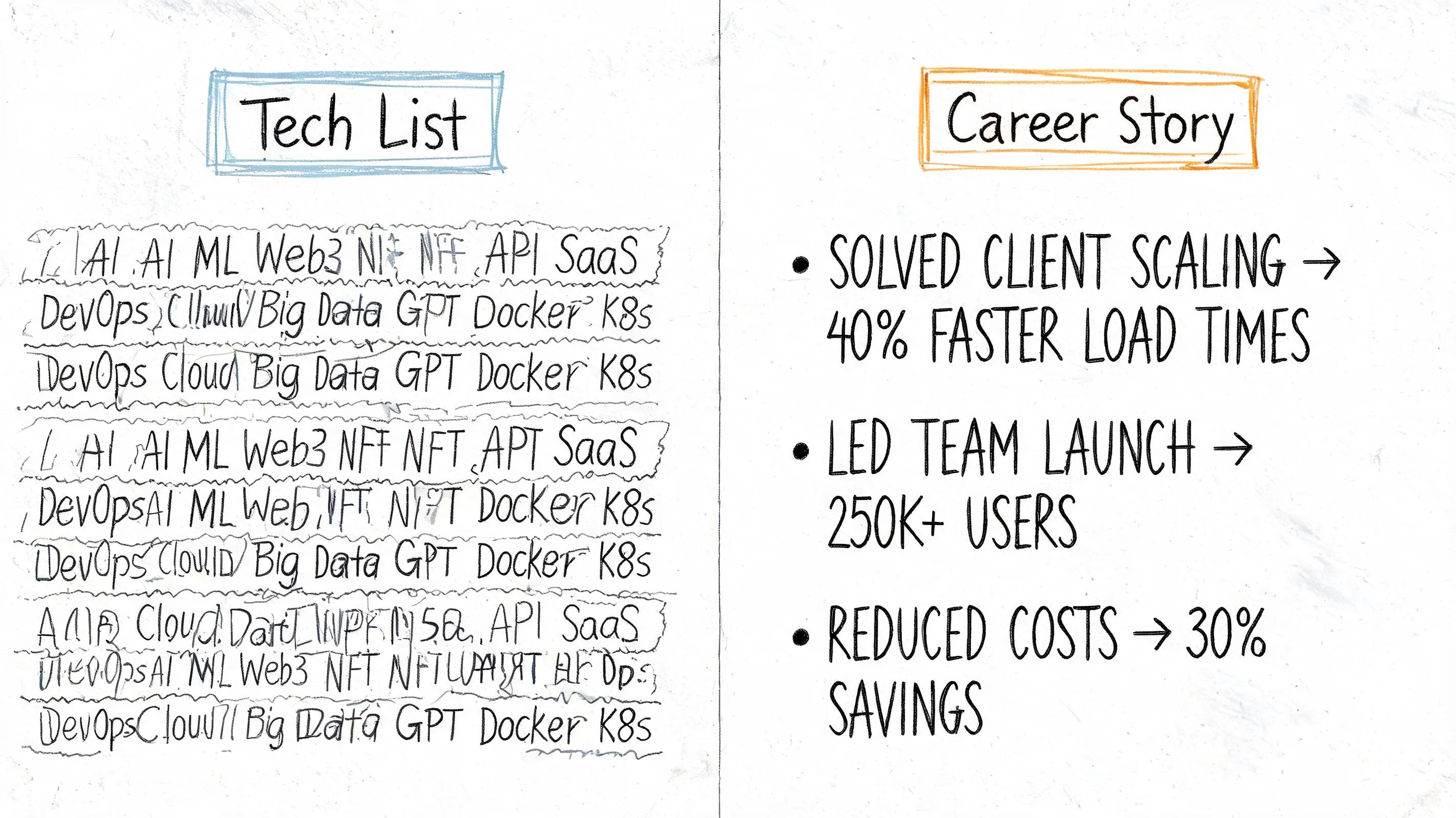 A visual comparison showing a tech skills list and professional career story achievements on a resume.
