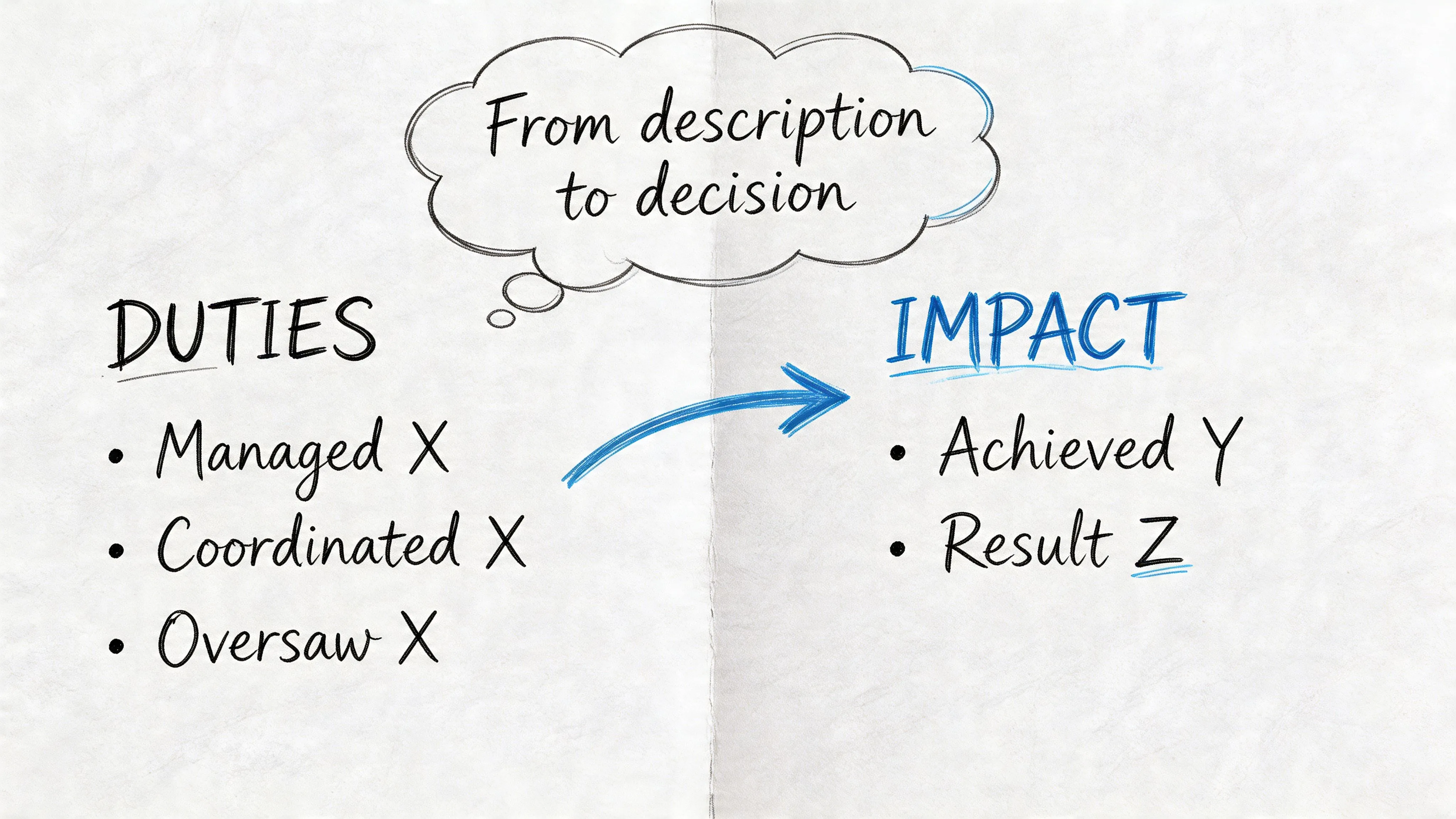 A diagram illustrating the career transition from listing job duties to highlighting impact and results.