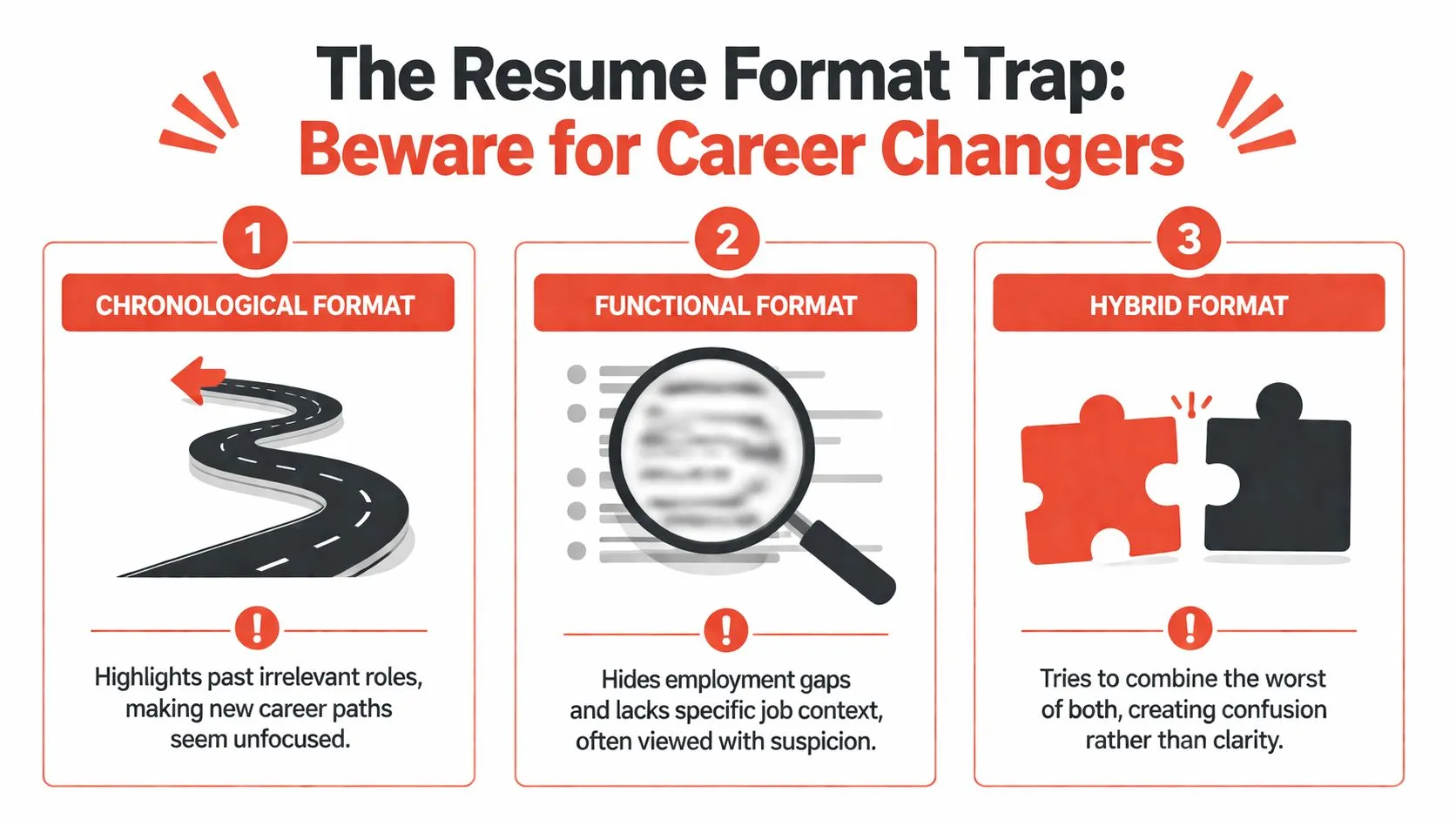 An infographic warning career changers about the potential pitfalls of different resume formats including chronological, functional, and hybrid.