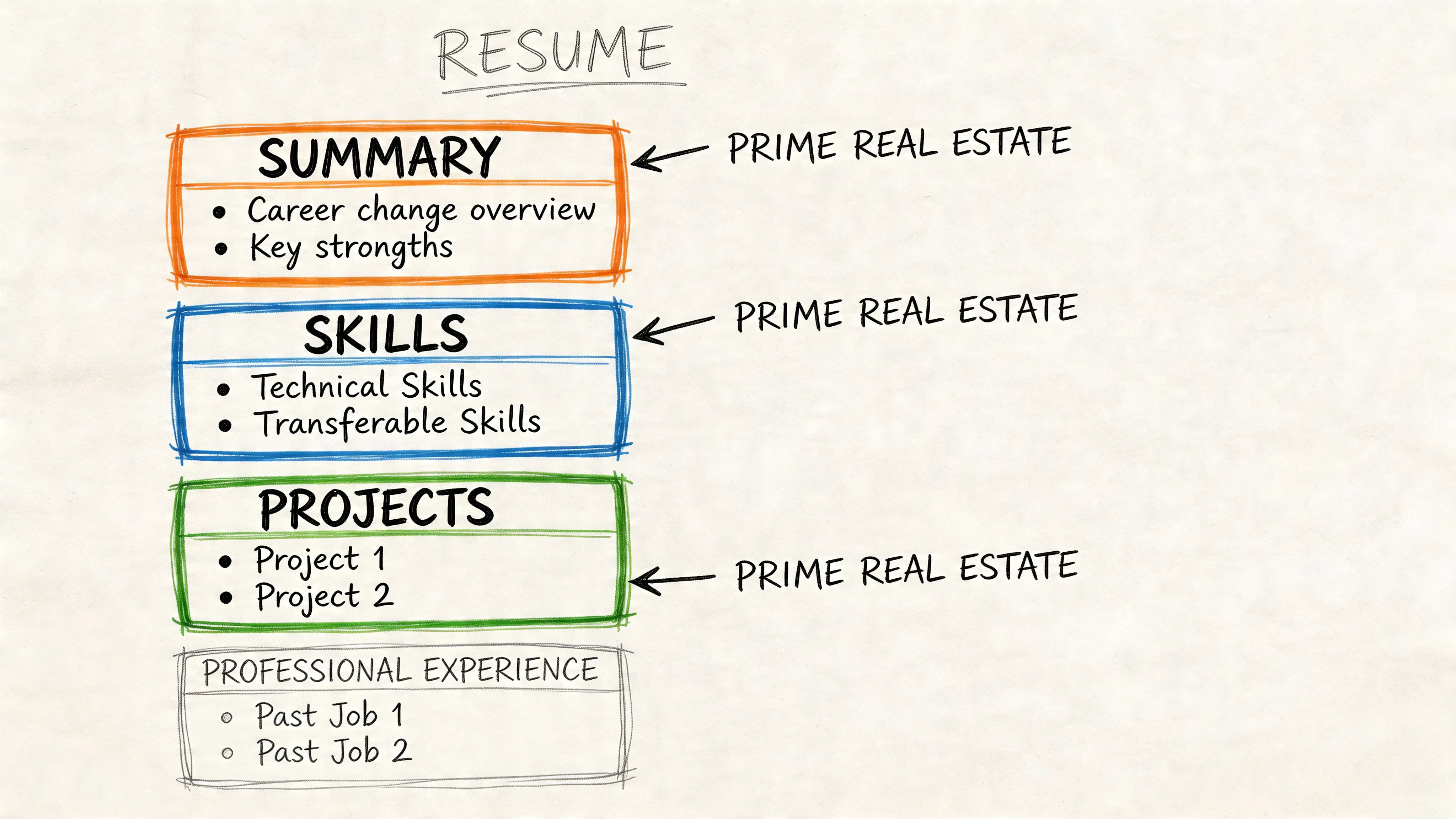 A diagram illustrating a career change resume format with highlighted sections for summary, skills, and projects.