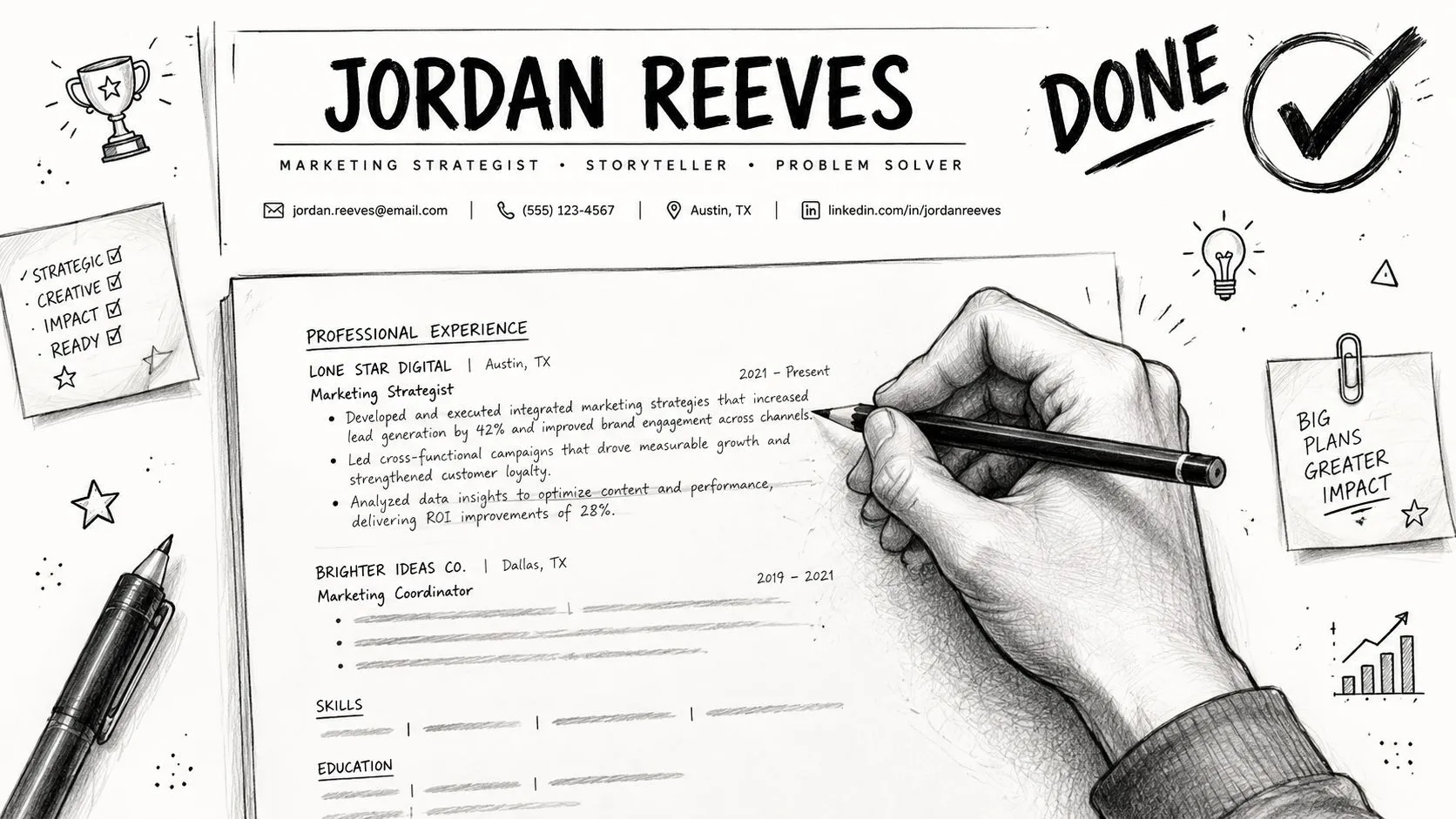 A creative sketch of a resume template for Jordan Reeves, a professional marketing strategist with hand illustrations.