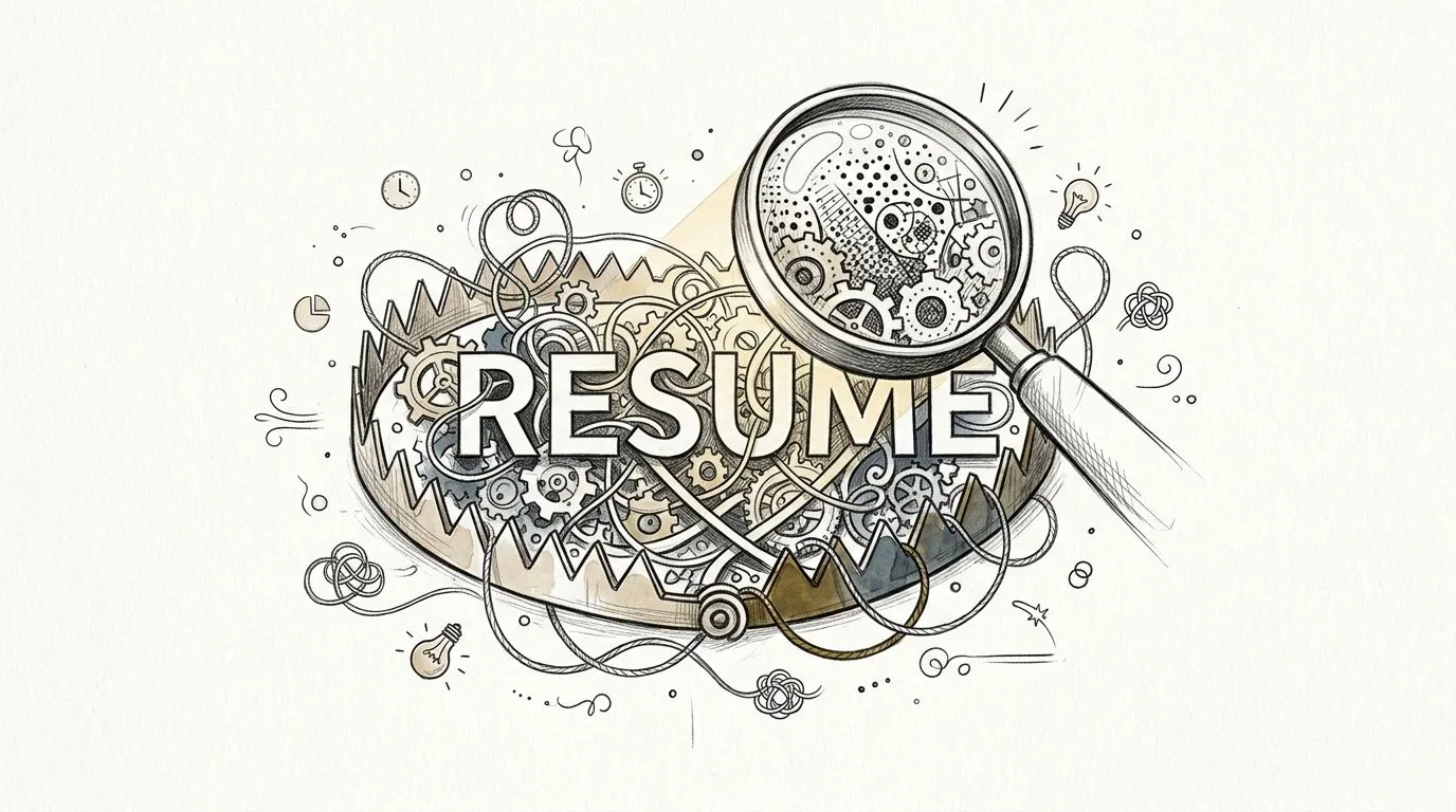 A conceptual illustration featuring the word RESUME inside a bear trap with gears and a magnifying glass.