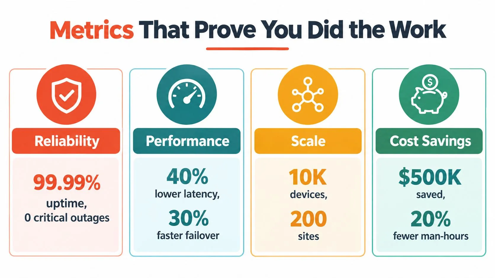 An infographic titled Metrics That Prove You Did the Work, showing statistics for reliability, performance, scale, and cost savings.
