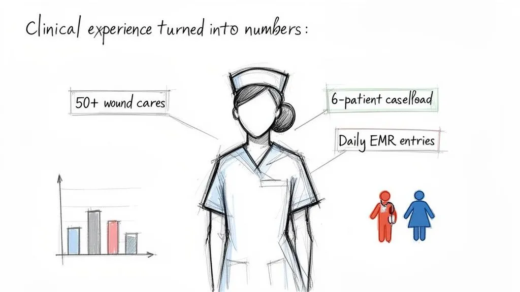 Illustration of a nurse with metrics like 50+ wound cares, 6-patient caseload, and daily EMR entries, quantifying clinical experience.