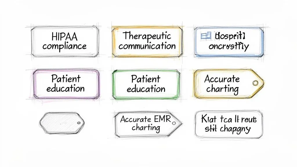 Hand-drawn tags display healthcare concepts like HIPAA compliance, patient education, and charting accuracy.