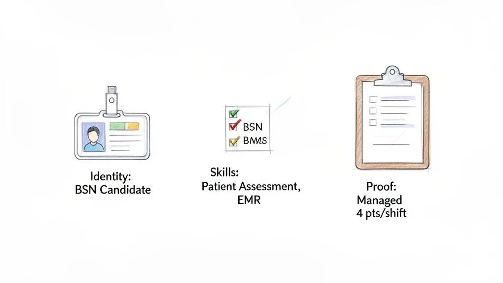 Illustration displaying a BSN candidate's identity, patient assessment skills, and proof of managing 4 patients per shift.