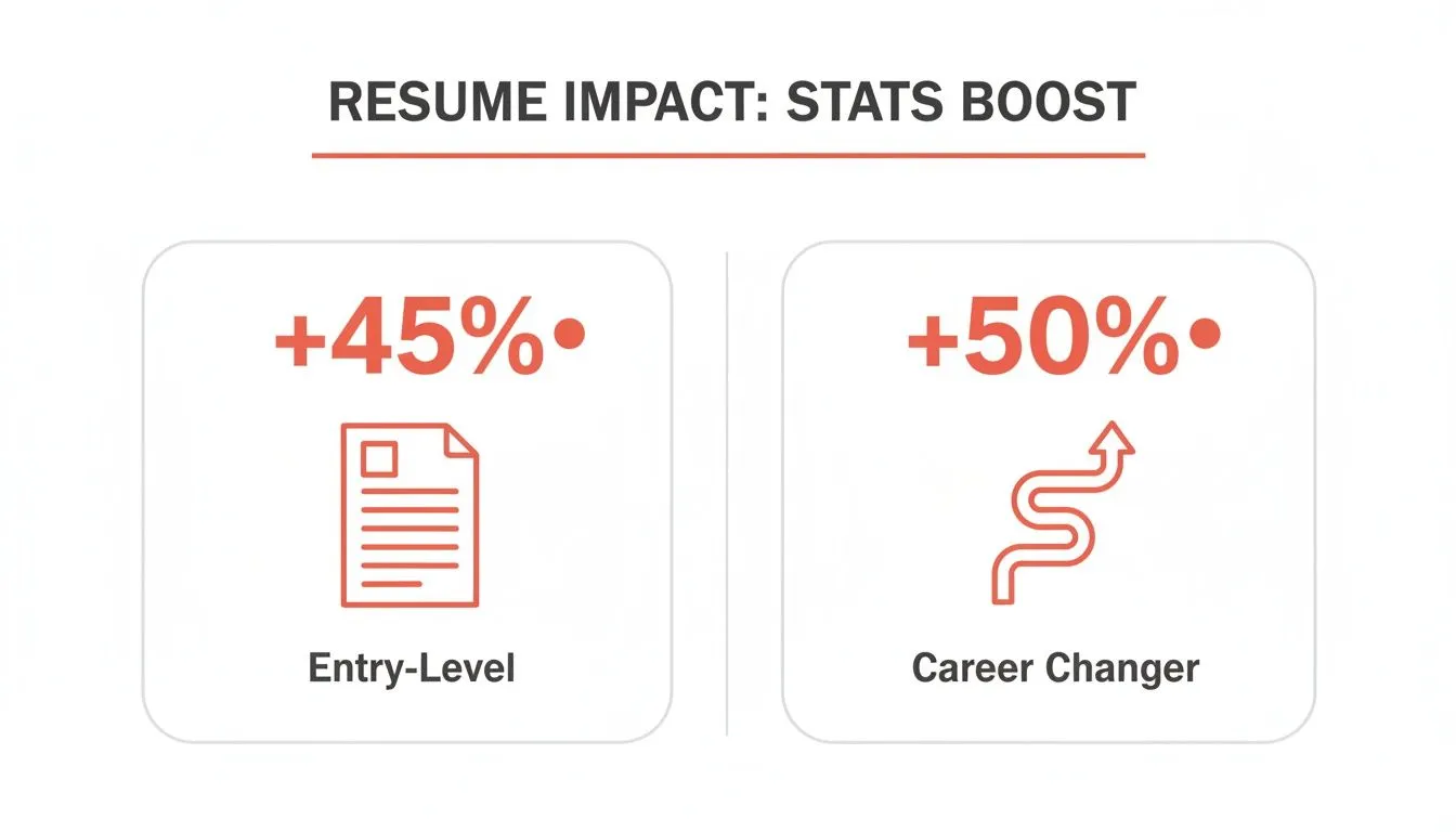 Infographic illustrating resume impact statistics: a 45% boost for entry-level and 50% for career changers.
