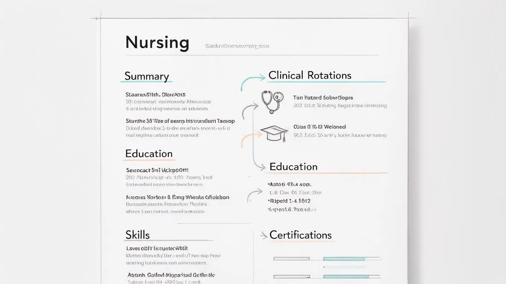 A detailed nursing student resume document with sections for summary, clinical rotations, education, skills, and certifications, enhanced with hand-drawn medical icons.