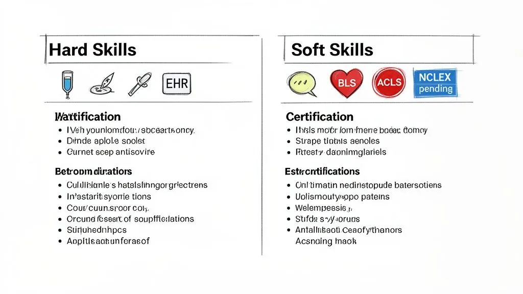 A resume outline detailing hard skills like EHR and soft skills including BLS, ACLS, and NCLEX pending for a nursing student.